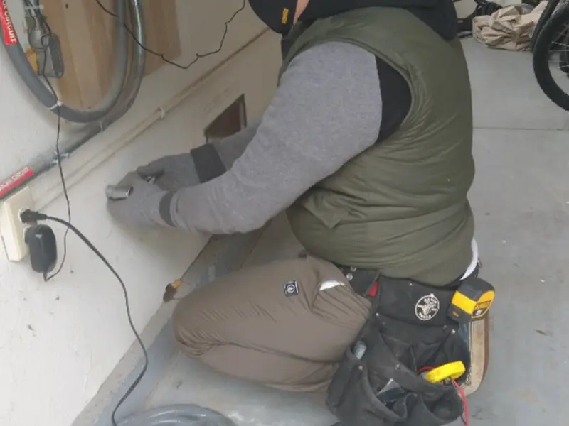 Electrician performing outlet wiring in a Venus garage